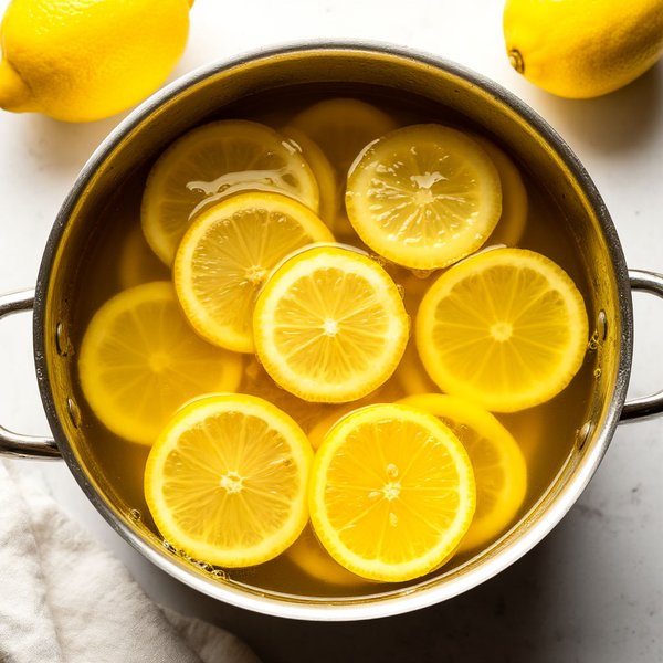 Лимонные дольки, пропитывающиеся в прозрачном сиропе в кастрюле