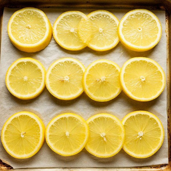 Противень с полупрозрачными лимонными дольками, уложенными на пергамент