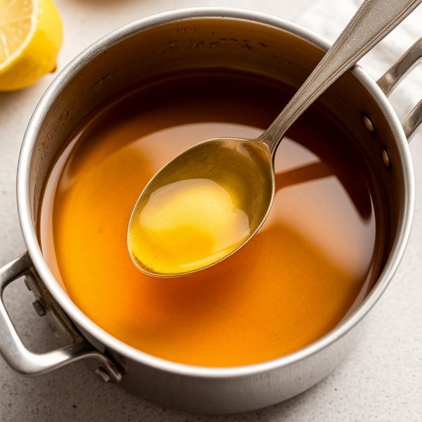 Прозрачный сироп в кастрюле, ложка для помешивания