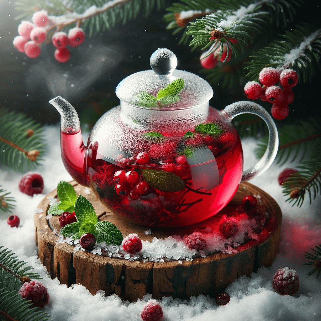 DALL·E 2023-11-16 19.54.48 - A transparent glass teapot filled with vibrant red berry tea, placed on a rustic wooden serving board surrounded by fluffy white snow. The tea pot is .png